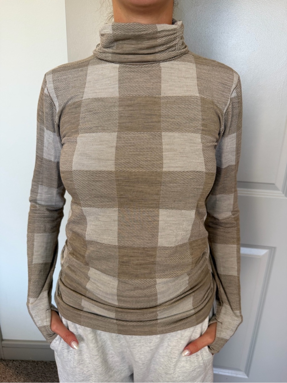 Athleta Beige and Cream Plaid Turtleneck Long Sleeve Top